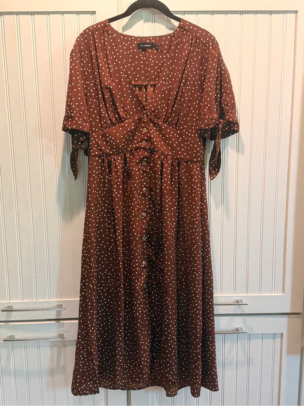 Brown Polka Dot Button-Front Midi Dress - L
